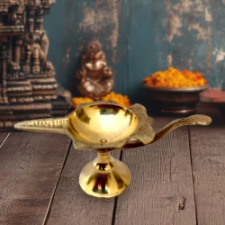 108mm Pack Of - 4 Brass Diya with Leaf Handle & Pedestal | Set of 4 for Pooja and Festivals | Decorative Oil Lamps for Temple & Home | Handcrafted Brass Aarti Diya