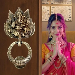 8" Brass Lotus Ganesh Door Knocker |DK-011 Brass Antique Ganesh Door knocker | Ganesh Ji on Lotus Door Knocker | Antique Brass Lotus Door Knocker