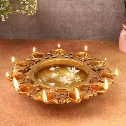 ADVANZO 9.5 Inches Lotus Flower Design Brass Urli Bowl with 11 Diyas, Brass Urli for Home Decor, Brass Decorative Urli Bowl, Bowls for Flower Decoration, Antique White, Standard, Pack of 1