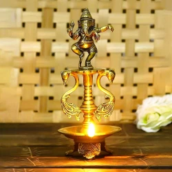 Brass Dancing Ganesha Oil Diya with Base , Diyas for Puja , Ganpati Diya , House Warming Gifts , Diyas for Pooja Room , Standard , Pack of 1