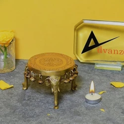 Advanzo Elephant Pillars Design Brass Pooja Chowki, Chowki for God Idols, Chowki for Pooja Brass Chowki with Bells, Yellow, Pack of 1 Advanzo Elephant Pillars Design Brass Pooja Chowki, Chowki for God Idols, Chowki for Pooja Brass Chowki with Bells, Yellow, Pack of 1