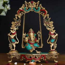 Advanzo Brass Ganesha Idol on Jhula Swing | Multicolored Stone Work Lord Ganesha Statue for Home Decor, Temple & Housewarming Gifts | Ganesh Idol for Gift, Home Temple & Decoration | Pack of 1