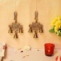 Advanzo Brass Shubh Labh Door Hanging Bells Set, Hanging Bells for Home Decor, Wall Decor, Ghanti for Pooja, Pack of 2