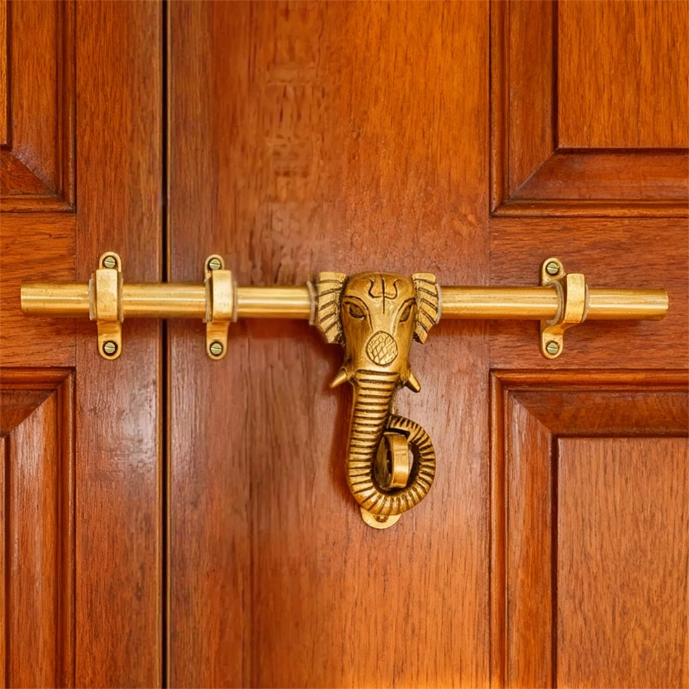 12" Brass Ganesh Aldrop AL-002 | Handcrafted Brass Ganesh Face Door Aldrop | Antique Finish Traditional Indian Style Door Aldrop | Heavy Duty Brass Door Aldrop