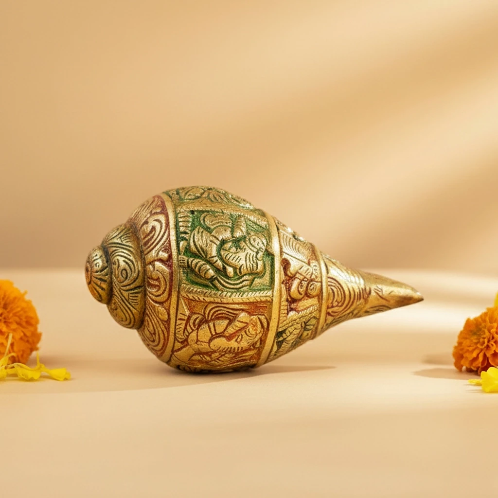 6" Pack of - 1 Big Brass Shank | Handcrafted Brass Conch Shell | Multi Color Finish | 6" Length | Traditional Hindu Pooja & Home Temple Showpiece