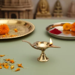 108mm Pack Of - 4 Brass Diya with Leaf Handle & Pedestal | Set of 4 for Pooja and Festivals | Decorative Oil Lamps for Temple & Home | Handcrafted Brass Aarti Diya