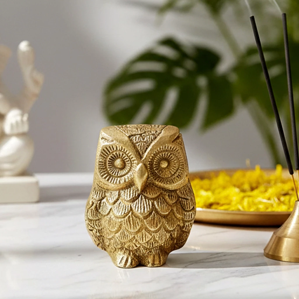 2" Pack of - 1 Small Brass Owl | Handcrafted Brass Owl Figurine | Brass Polished Lacquer Finish | Vastu Showpiece for Home, Office & Gifting |Symbol of Luck | Symbol of Money | Owl Idol for Financial Stability & Negative Energy Protection