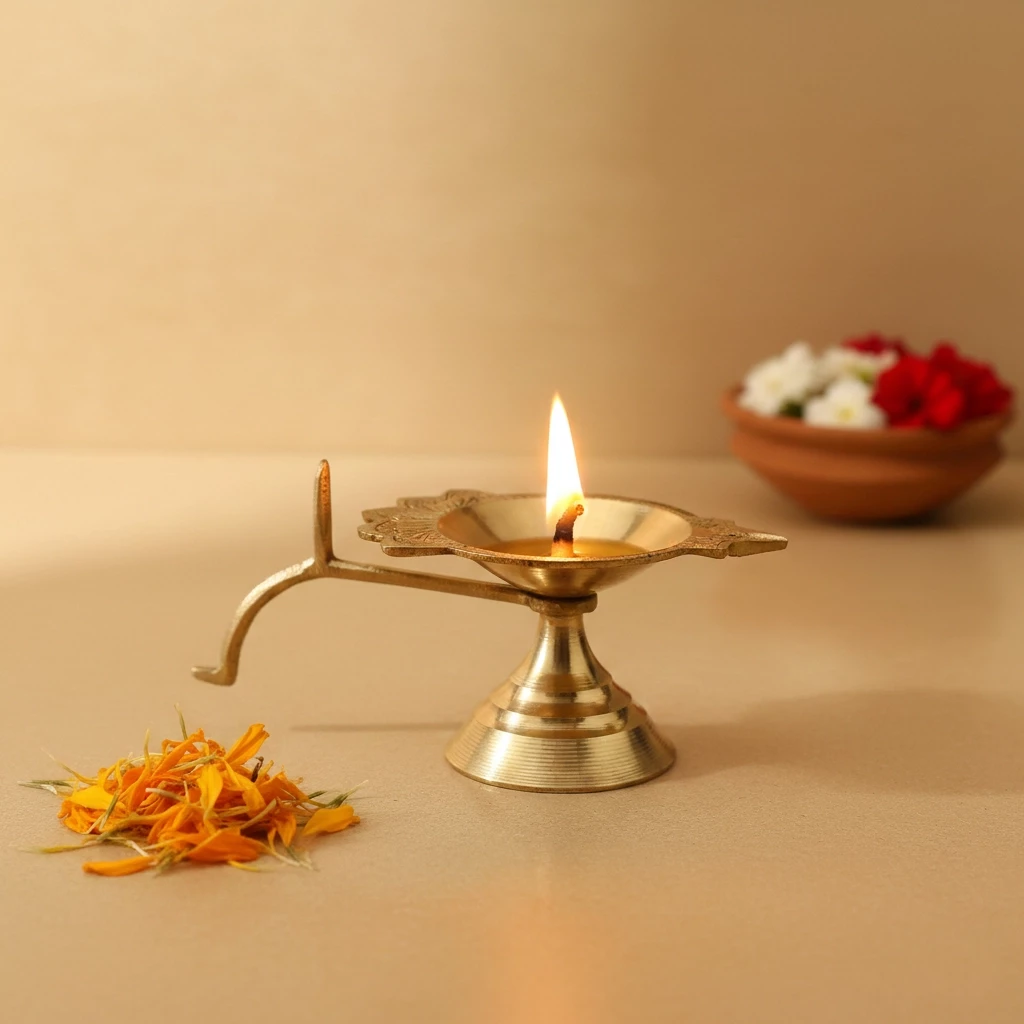 109mm Pack Of - 4 Brass Diya with Handle | Hindu Puja Oil Lamp | Temple Prayer Deepak | Pure Brass Pooja Diya | Decorative Traditional Oil Lamp | Diwali Deepak