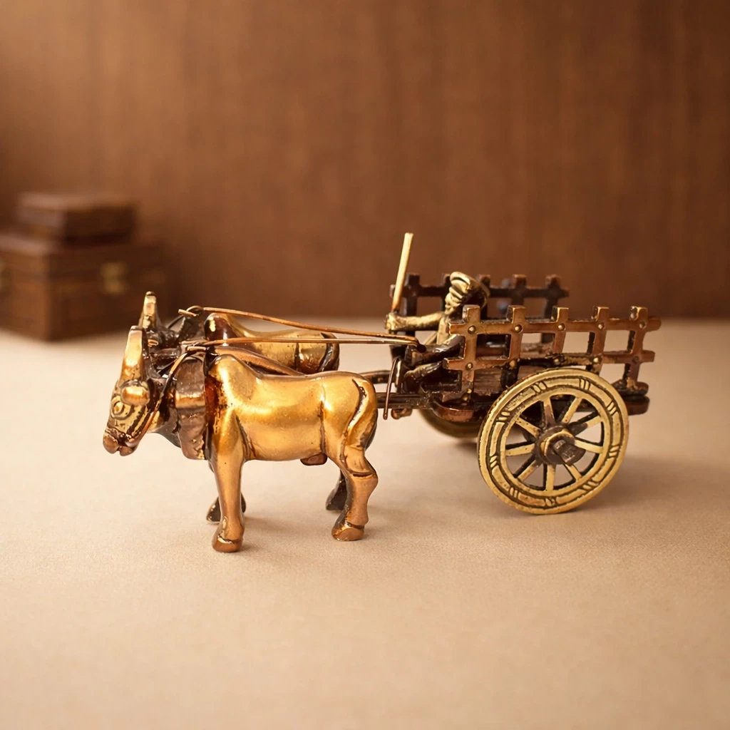 4.75" Pack of - 1 Brass Bullock Cart | Handcrafted Village Design | Copper Dual Tone | Decorative Figurine | Brass Bullock Cart Gift Item