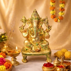 5.8" Pack of - 1 Brass Lord Ganesha Statue for Pooja & Home Decor – Multicolor Finish | Temple Decor Showpiece  | Ganesh Ji Idol  Decorative Murti